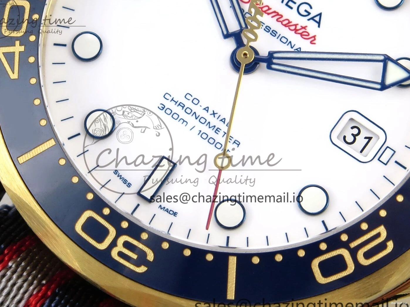 0408 Seamaster 300m Diver YG OMF 1:1 Best Edition Blue Orange Ceramic White Dial on Blue Nato Strap A Colorful 7704